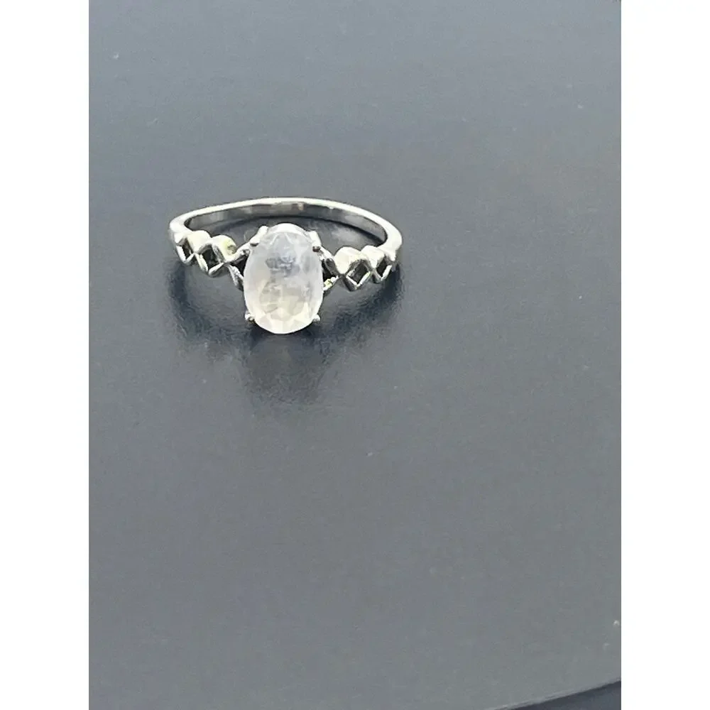 Rainbow Moonstone Oval Prong Set Side‎ Twist Detail Sterling Silver  Ring Sz 6.5